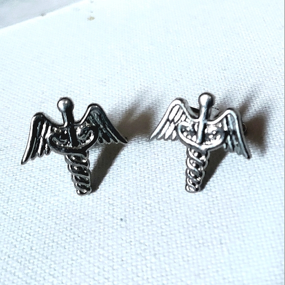 NEW Cufflinks: "Caduceus". Medical Industry. Elevation. Silver-Tone, Bullet Back - Picture 4 of 5